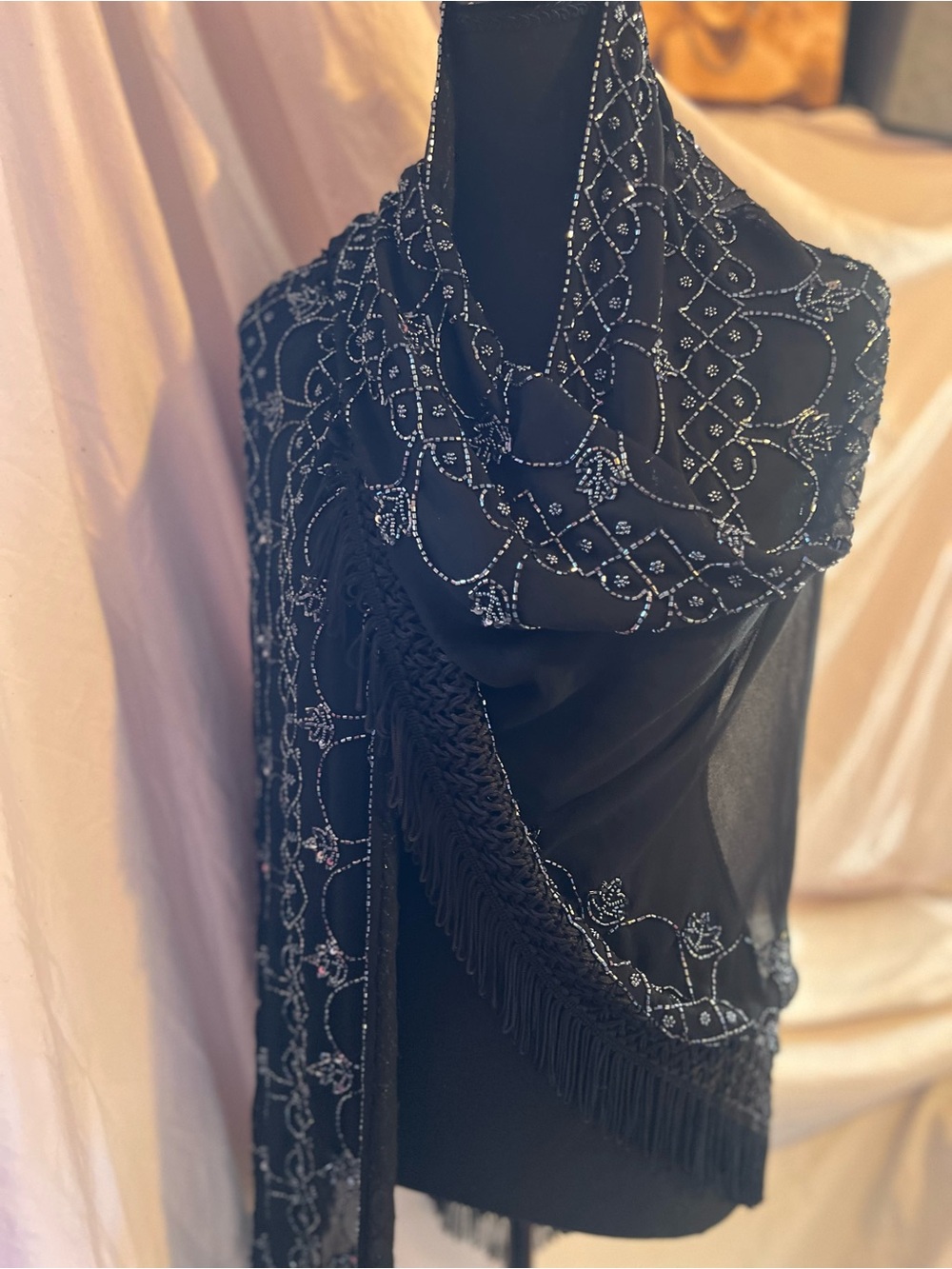 Scala Embellished Black Beaded Shawl